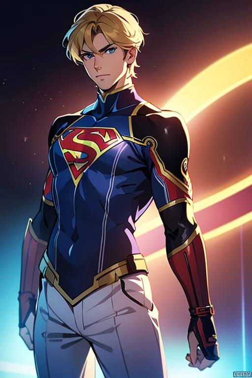 (  High-definition CG), (Best Quality),     a superhero and has a beautiful body,   hero costume , Handsome and cool young man   ,       Slim and Muscular      , My skin is brown  ,  blonde, Frivolous,   sensual vibe  ,