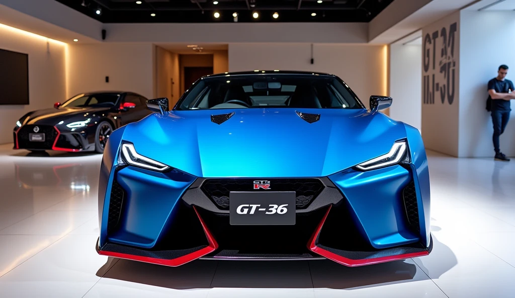 A front view 2025 Nissan GT-R 36 nismo in blue colour in showroom write ...