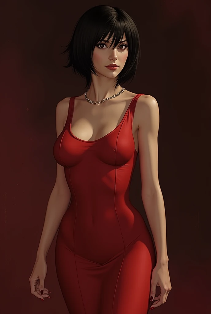 Lexa Doig, short red dress, flashing white panties, short bobcut black hair with red streaks