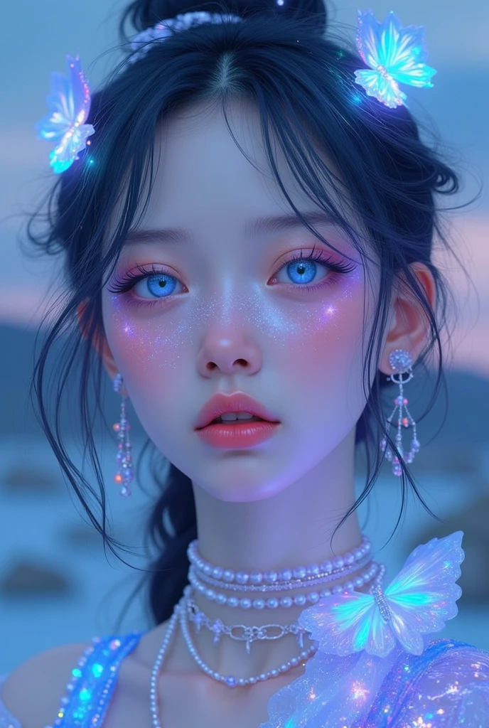 porland girl, white skin, round eyes, sagging eyes, blue eyes,make up , a fantasy-inspired scene , adorned in an ethereal,  shimmer like stars against the backdrop of twilight.  shiny  glittering particles on face , bright  ,creative fashion , emitter,  mesmerizing effects