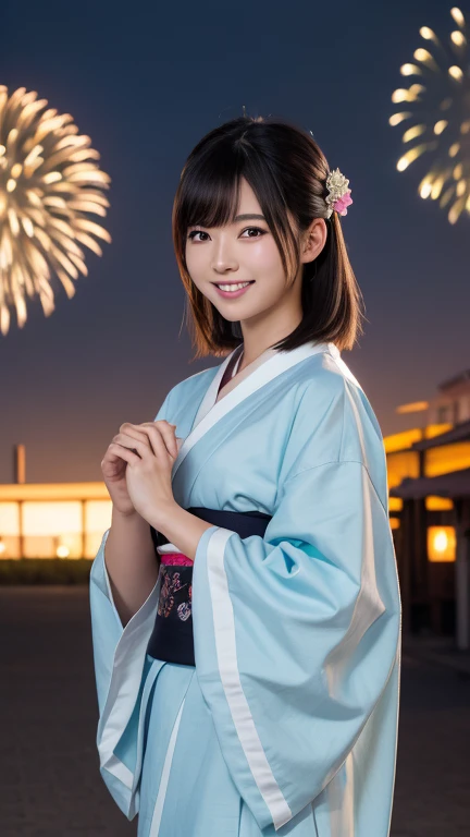 ((Masterpiece,Highest quality,Highest quality,8k,16K,Ultra-high resolution,Extremely detailed,Hyper Quality)),Japanese,Two female college students,Beauty,Cute Girls,Large Breasts(G Cup),yukata,Summer festival,firework,night,(2人の女の子がyukataを着てSummer festivalのfireworkをバックに楽しそうに佇んでいる様子)