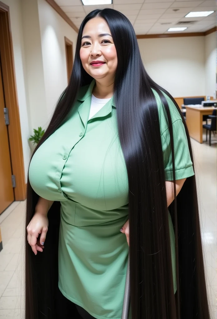 8k,Best Quality, masterpiece,  super high definition,(masterpiece:1.6, Best Quality),  Intricate Details,Middle-aged woman in her 50s, Japanese, full body,  On the head, ((Ridiculously long hair:1.5)),(( Jet Black Hair )), ((amount:1.5)), Extreme obesity, Fat face, Round face, Saggy face, Wrinkles on crow's feet , ((Big Breasts, Big Breasts:1.5)), ((Super saggy breasts:1.5)), (( clevis)),((Pale skin, shiny skin)),(Right green janitor uniform   :1.2), (( A mature woman with ridiculously long dark hair works as a building cleaner:1.5), ( office worker ,mop:1.3)