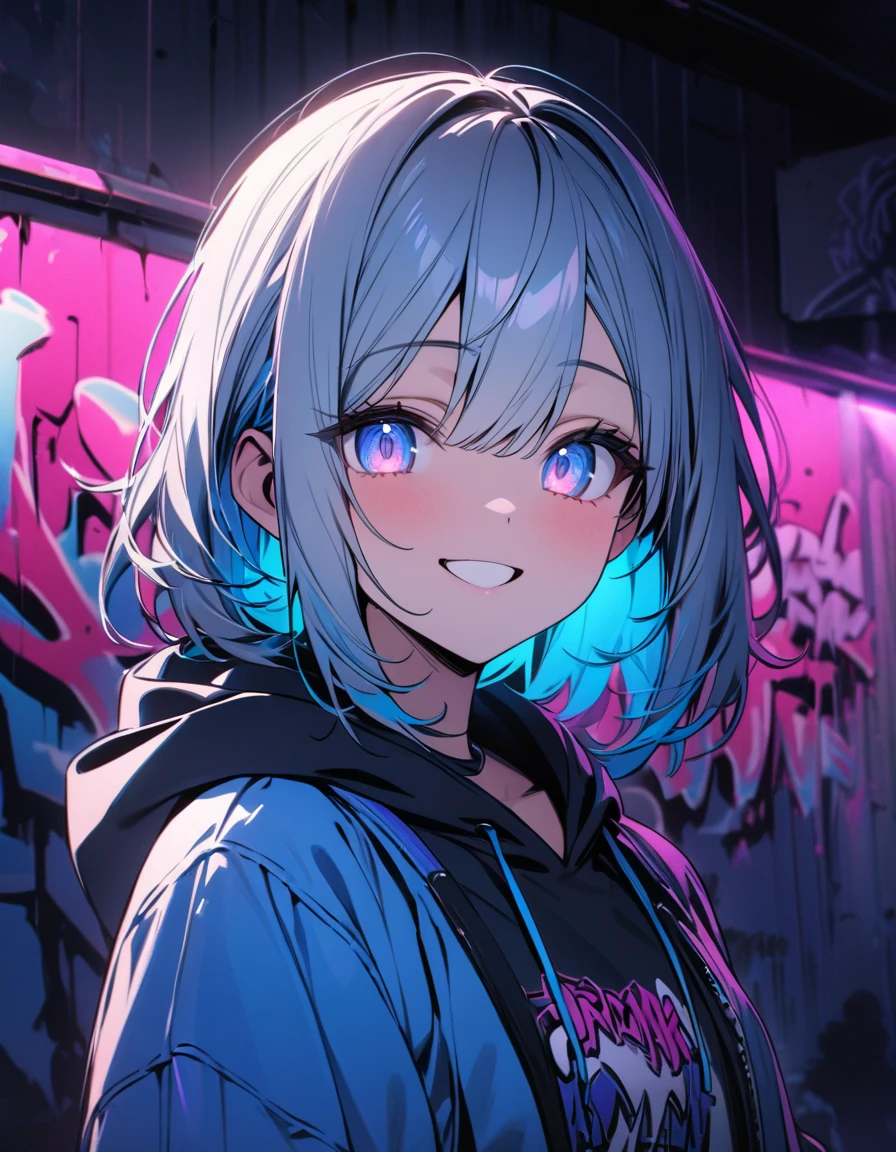 masterpiece, Best Quality, 8k, detailed background, masterpiece, Best Quality, smile,  t I ,  HOODIE, Portraiture, Neon Blue, graffiti, dark, night, Shining Eyes,  Black Light, Amane Kanata