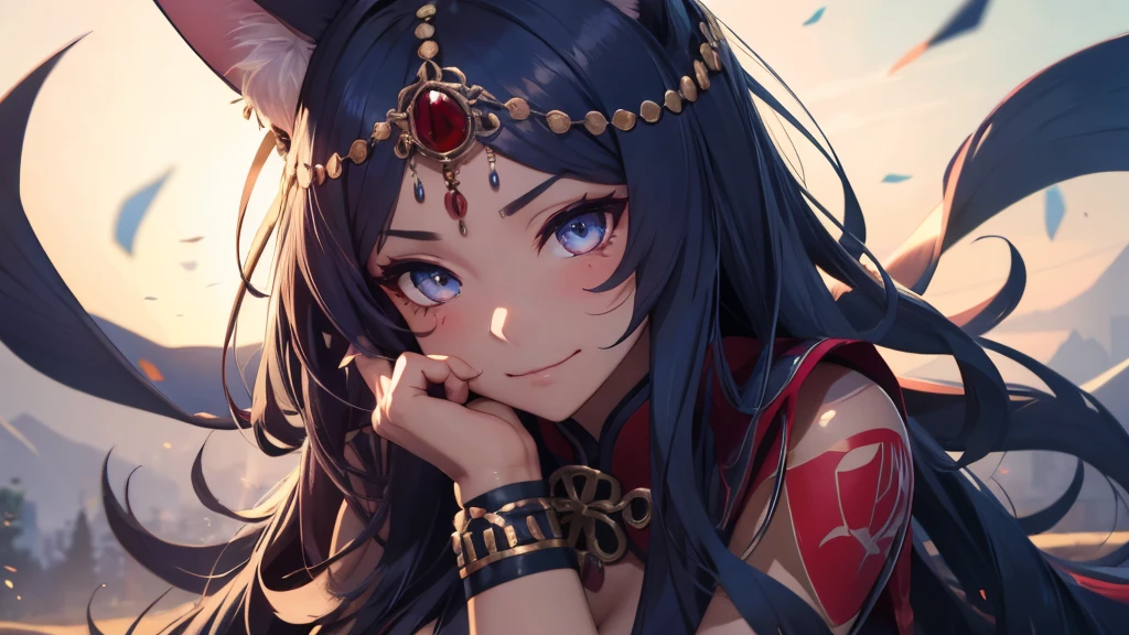 the best definition,(1 teenager)  High Definition , kitsune ears, tribal tattoo, flirty girl,  Small breasts add _Detail, Magi girl add _Detail, sensual pose, sexy girl,  with sarcasm expression she puts her hands to her face with a mischievous expression adds_Detail, Detailed pupils,  deep blue color added _Detail:1,  Full body sensual pose , sensual pose