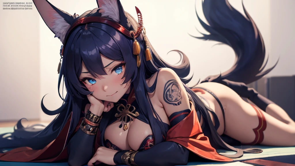 the best definition,(1 teenager)  High Definition , kitsune ears, tribal tattoo, flirty girl,  Small breasts add _Detail, Magi girl add _Detail, sensual pose, sexy girl,  with sarcasm expression she puts her hands to her face with a mischievous expression adds_Detail, Detailed pupils,  deep blue color added _Detail:1,  Full body sensual pose , sensual pose