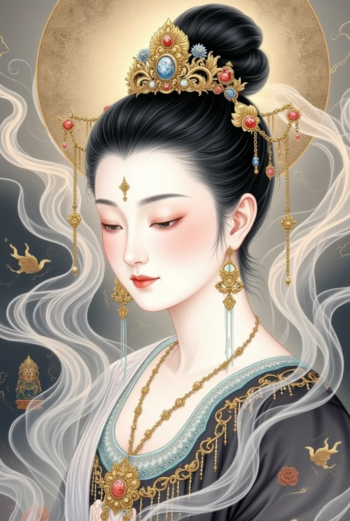 Chinese Fine Brushwork Painting，Ink，Rich and delicate lines，A painting：cloudfog包围着一个美丽的女佛的肖像, Chang&#39;e，Buddha statues，Lady of Court，Beautiful side face，Zen，cloudfog缠绕，Clean high bun，Chinese ancient style，Female Bodhisattva，(((cloud，fog:1.5)))，Chinese fairy，，Guanyin，Thangka painting，A beautiful digital illustration, Beautiful character painting,  Beautiful Digital Artwork , Chinese Fantasy, fine lines，Gold painted 
