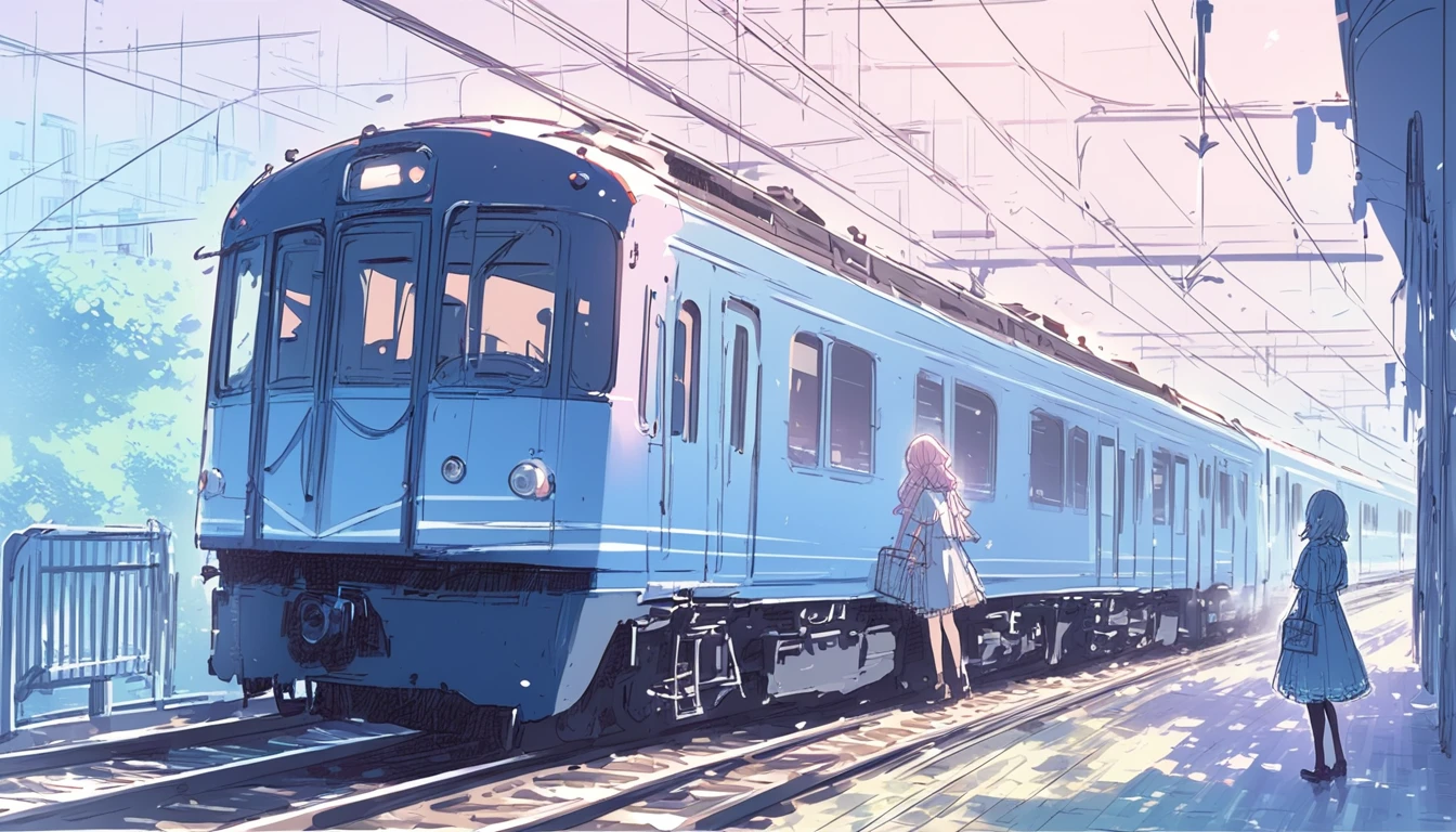 Illustrator, anime ,sketch 、 pastel colors, imaginary、 Deep blue world、Wide view、train、woman、shirt、 textured trim , (masterpiece, best quality)