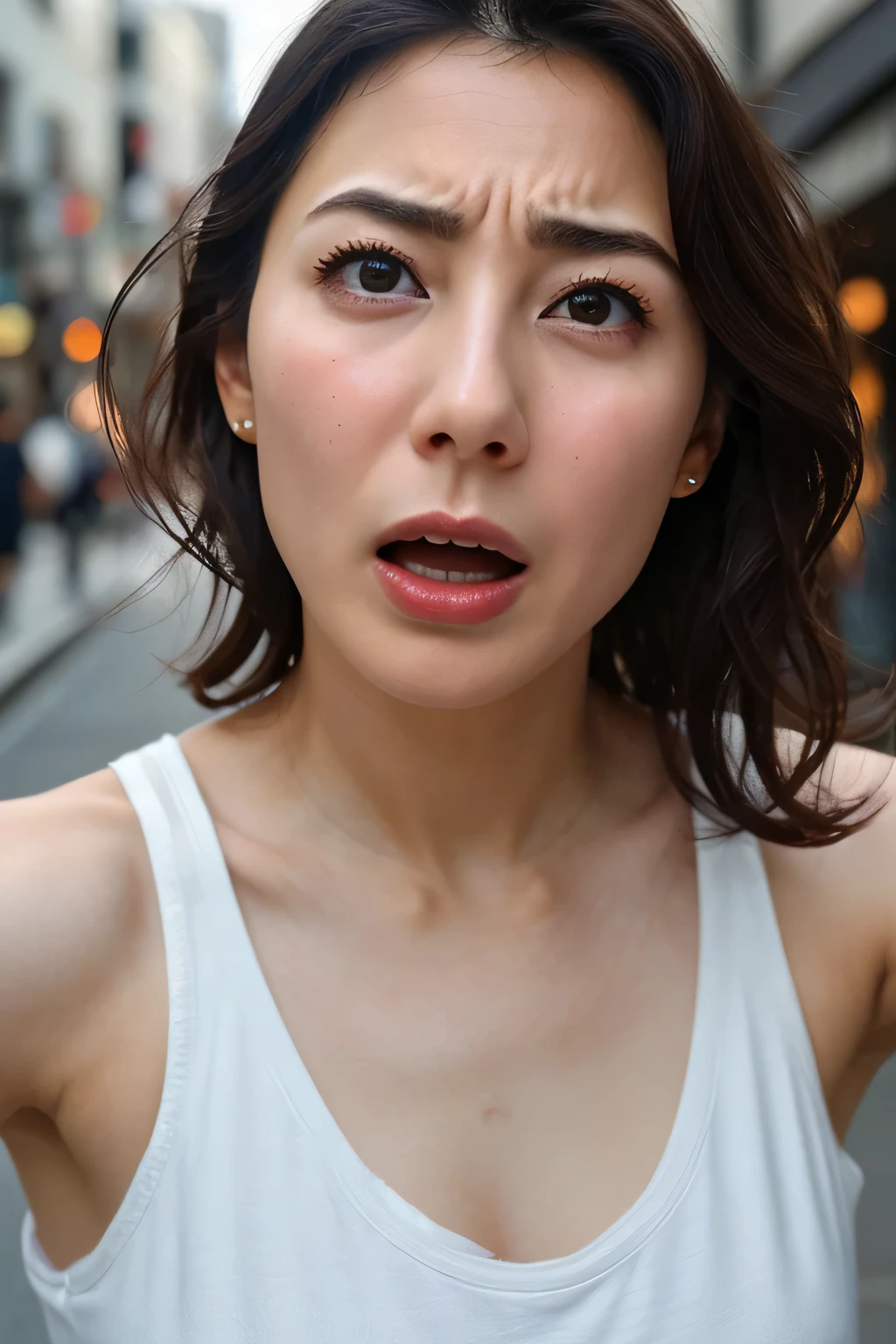   beautiful Japanese actress full of sexual desire , 1 girl,Flying debris,, Award-winning photo with both hands holding flops,   very detailed, Focus your eyes, Nose and mouth, face focus ,  Extremely Close Up of Faces 、 Age 35,Brown Hair、Symmetrical face,  Insulated 、   widen the angle from below 、Extended C-shaped nostrils ,(Sharp Nose)Sweaty skin、shiny skin,(Brow wrinkles))（Cum on tongue)、((Thin eyebrows)) oily skin 、  growing skin  、double eyelid、、Beautiful woman、 curly hair、  shortcuts 、 tank top ,I can see the sky 、 Shibuya Center Street 、(((  show your side,throw))),Raise your eyebrows, (((Hold your mouth, Frowning, Crazy, Frowning))),   wrinkled skin,Long upper arms,((Cry with your eyes open, , Drunk, The face of patience))Squat, big breasts at the temple,((Keep your arms up at all times、Show me your armpits))Long arms,Frowningをする,odor,  Exciting ,  sad, sleepy, Frowning, The face of durability((Frowning, Raise your eyebrows, frown))