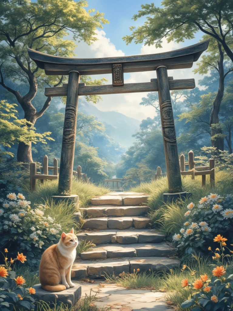 Torii,No humans,Cat on the Stone Steps,Outdoor,ladder,plant,Grass,flower,Tree,watercolor、 best quality、masterpiece、 details、  in high resolution