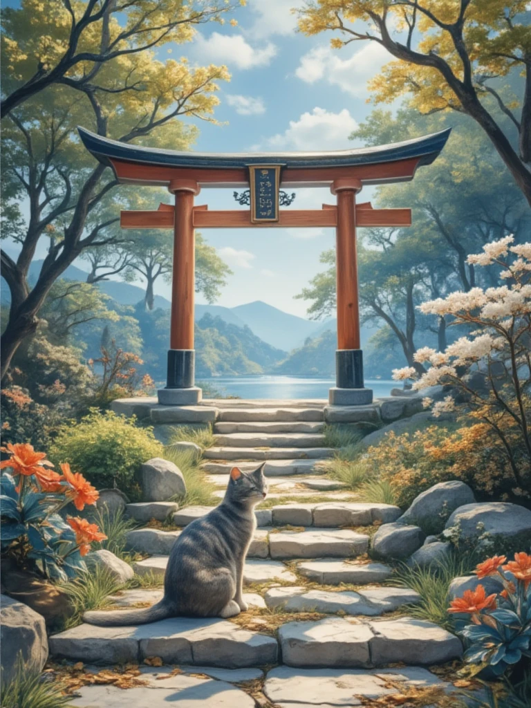 Torii,No humans,Cat on the Stone Steps,Outdoor,ladder,plant,Grass,flower,Tree,watercolor、 best quality、masterpiece、 details、  in high resolution