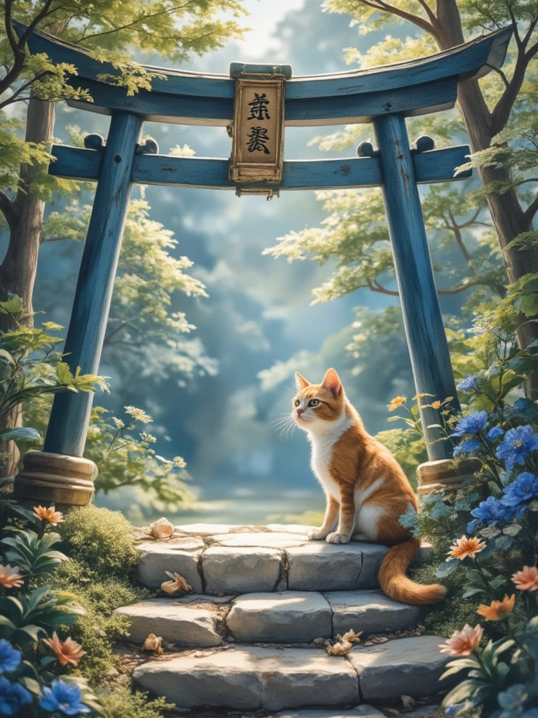 Torii,No humans,Cat on the Stone Steps,Outdoor,ladder,plant,Grass,flower,Tree,watercolor、 best quality、masterpiece、 details、  in high resolution