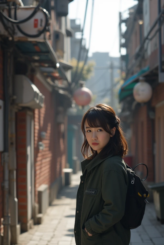 Korea person　college aged　Woman standing in the background of an alley in the city　Hair is semi-long