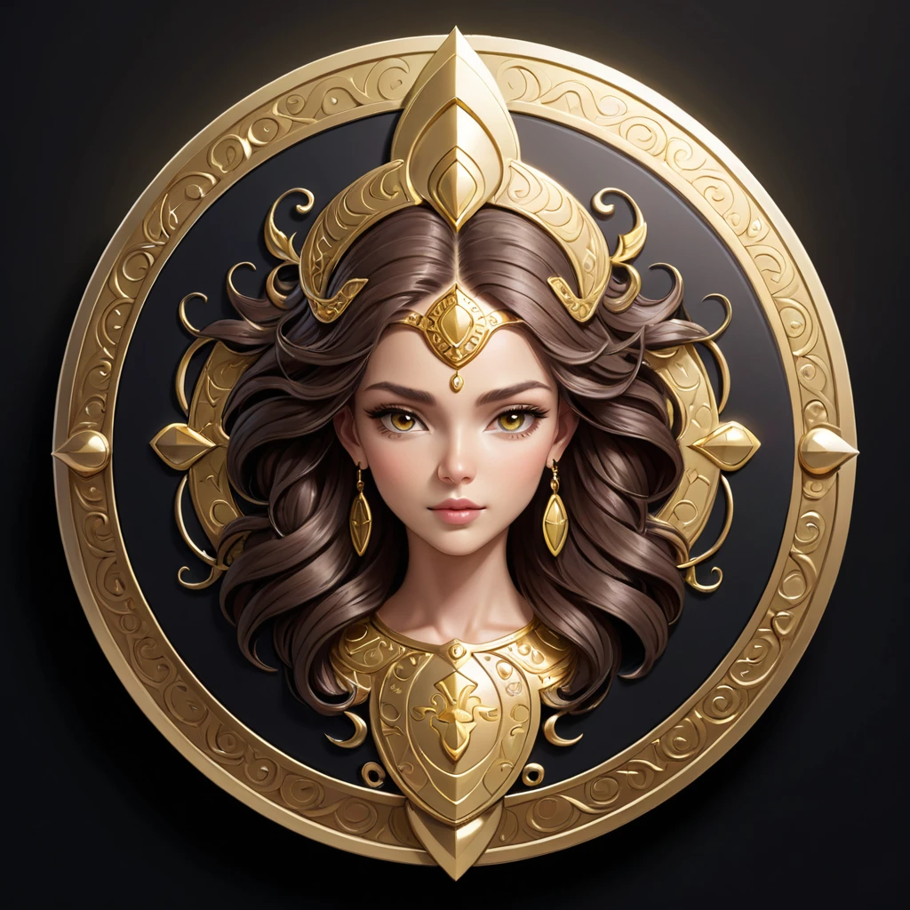  Cartoon illustration,  goddess Sophia shield， luxury shield ， gold color scheme ,Goddess pattern ， simple black background, luxurious，advanced， game icon