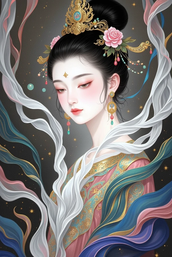 Chinese Fine Brushwork Painting，Ink，Rich and delicate lines，A painting：cloudfog包围着一个美丽的女佛的肖像, Chang&#39;e，Buddha statues，Lady of Court， beautiful face，Zen，cloudfog缠绕，Clean high bun，Chinese ancient style，Female Bodhisattva，(((cloud，fog:1.5)))，Chinese fairy，，Guanyin，Thangka painting，A beautiful digital illustration, Beautiful character painting,  Beautiful Digital Artwork , Chinese Fantasy, fine lines，Gold painted 
