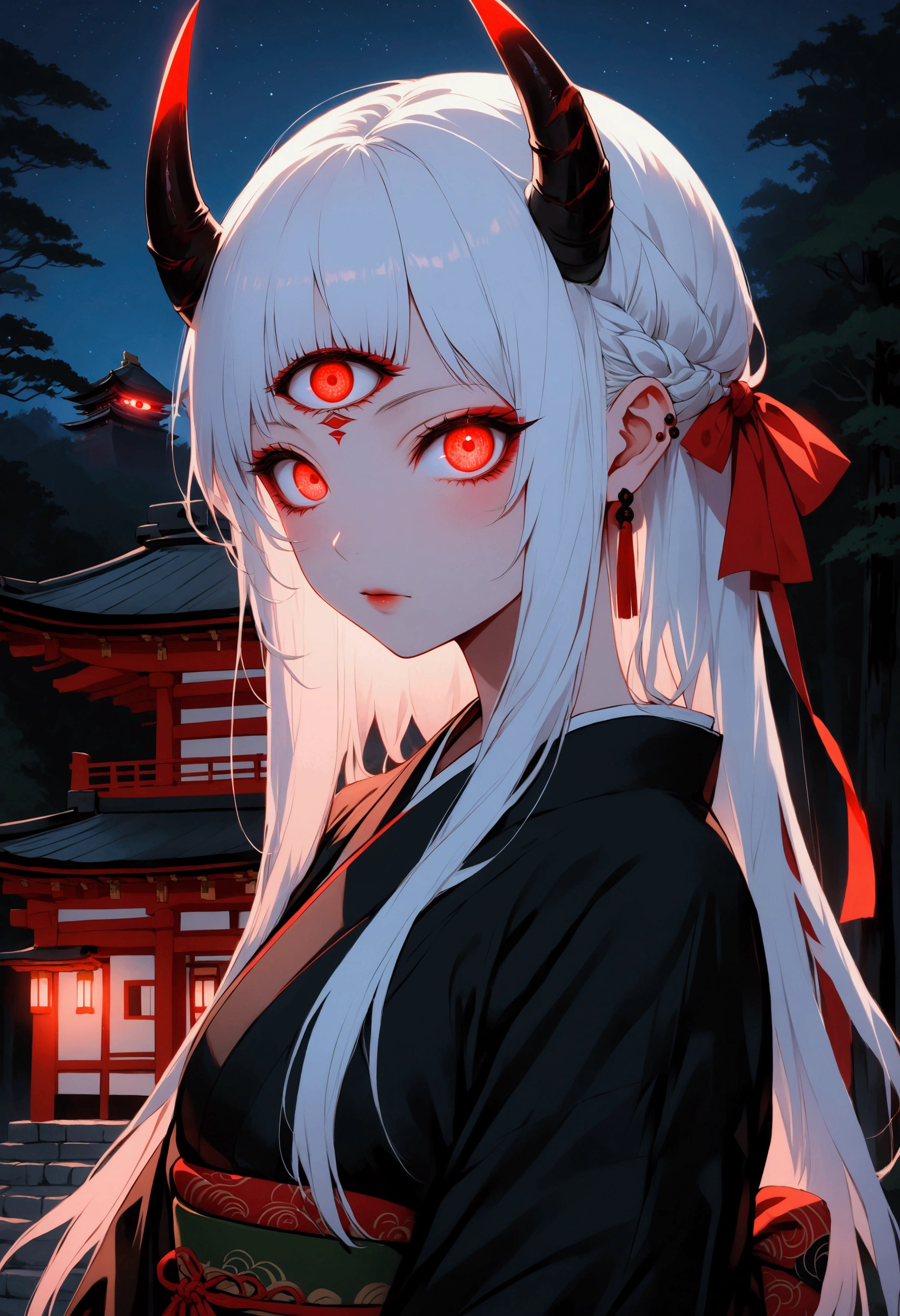 score_9, score_8_up, score_7_up, Japanese ONI-girl, (1girl, solo), 20years old, (upper body, portrait), (white long hair, hair ribbon, trimmed short bangs), black ONI horns, (red eye, third eye, glowing eyes), black Kimono, (looking at viewer, glare), (forest, Japanese shrine, night sky)