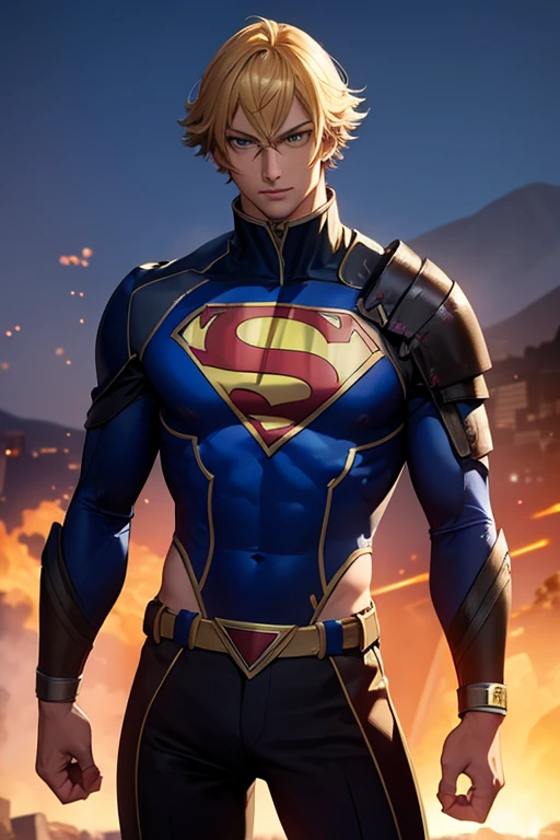 (  High-definition CG), (Best Quality),     a superhero and has a beautiful body,   hero costume , Handsome and cool young man   ,       Slim and Muscular      , My skin is brown  ,  blonde, Frivolous,   sensual vibe  ,