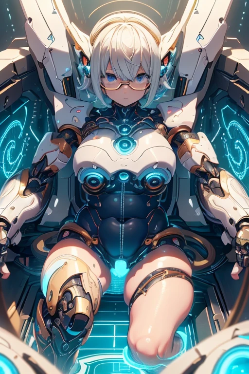 masterpiece , Best Quality ,  A very young girl and a cute cyborg are embedded in the machine，   short stature  ，  Toddler Figure Temptation   ，baby face，Alone ,  smaller，(  plump:1.2) , (Muscular:1.3) , ( smaller:1.2) ,(Thick arms:1.4) , Thighs ,  smallerhip ,  bright navy hair ，  short hair , pregnancy ,   restrained  ，  robot joint ，Robot shoulder , Robot legs , nude , black glasses ,  smallerSFのコックピットに折り畳まれた ,    was folded into the cockpit  ,   Legs spread ,  Navel covered by a sci-fi machine   ,   sex machine   , The cables connected all over  , Ahegao ,   oily skin   ,   glitter skin  ,