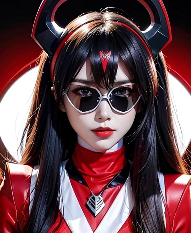 A woman red rangers, toxic ranger suit, as she power rangers toxic , full body , helmet mask, long hair, high detailed, realistic, gloves, ultra realistic, ((full face helmet)), black shield sunglasses on eyes, smart black sunglasses 