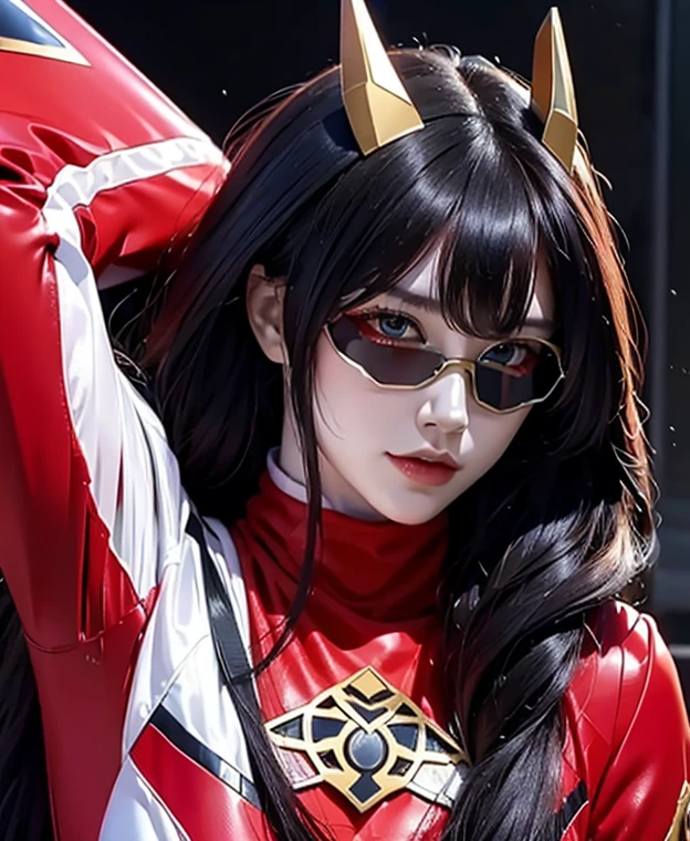 A woman red rangers, toxic ranger suit, as she power rangers toxic , full body , helmet mask, long hair, high detailed, realistic, gloves, ultra realistic, ((full face helmet)), black shield sunglasses on eyes, smart black sunglasses 