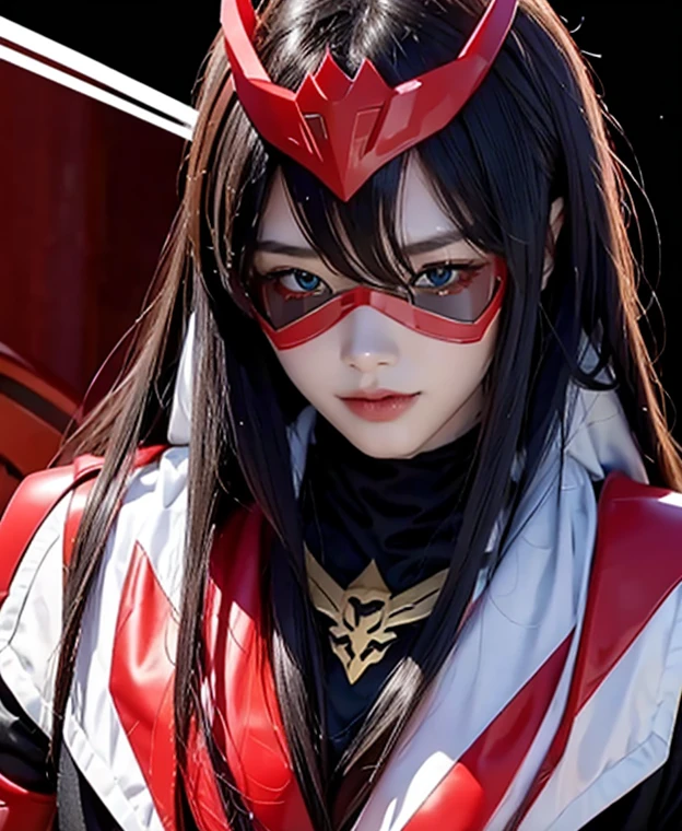 A woman red rangers, toxic ranger suit, as she power rangers toxic , full body , helmet mask, long hair, high detailed, realistic, gloves, ultra realistic, ((full face helmet)), black shield sunglasses on eyes, smart black sunglasses 