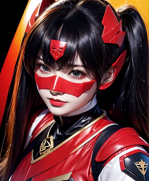 A woman red rangers, toxic ranger suit, as she power rangers toxic , full body , helmet mask, long hair, high detailed, realistic, gloves, ultra realistic, ((full face helmet)), black shield sunglasses on eyes, smart black sunglasses 