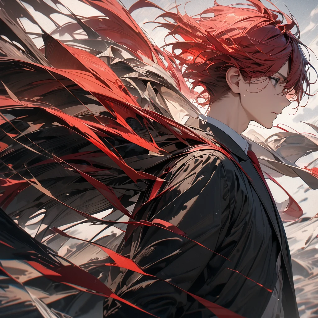 (Best Quality),(masterpiece),(Super detailed),(8k),(32K),( COMPLETE ANATOMY),(Perfect hands),( One Man)、 black eyes、Short Red Hair、school uniform, キャラのprofile,  Expressive Hair ,  hair that flutters like,Strong winds,profile