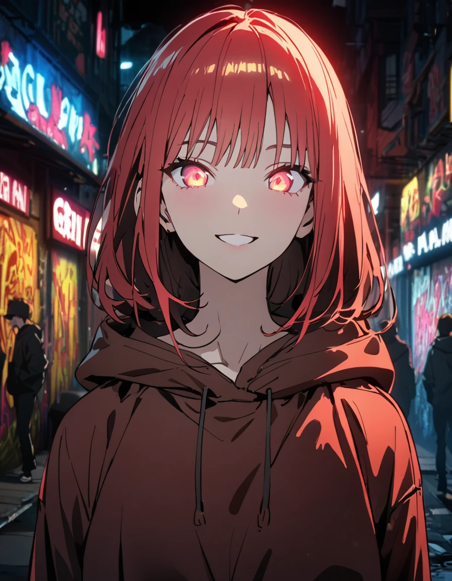 masterpiece, Best Quality, 8k, detailed background, masterpiece, Best Quality, smile,  t I ,  HOODIE, Portraiture, Neon Red, graffiti, dark, night, Shining Eyes,  Black Light, Chinatown