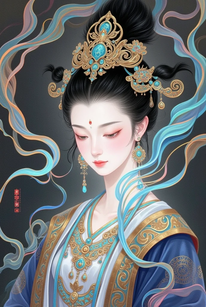 Chinese Fine Brushwork Painting，Ink，Rich and delicate lines，A painting：cloudfog包围着一个美丽的女佛的肖像, Chang&#39;e，Phoenix Coronet，Buddha statues，Lady of Court， beautiful face，Zen，cloudfog缠绕，Clean high bun，Chinese ancient style，Female Bodhisattva，(((Star，cloud，fog:1.5)))，Chinese fairy，，Guanyin，Thangka painting，A beautiful digital illustration, Beautiful character painting,  Beautiful Digital Artwork , Chinese Fantasy, fine lines，Gold painted 
