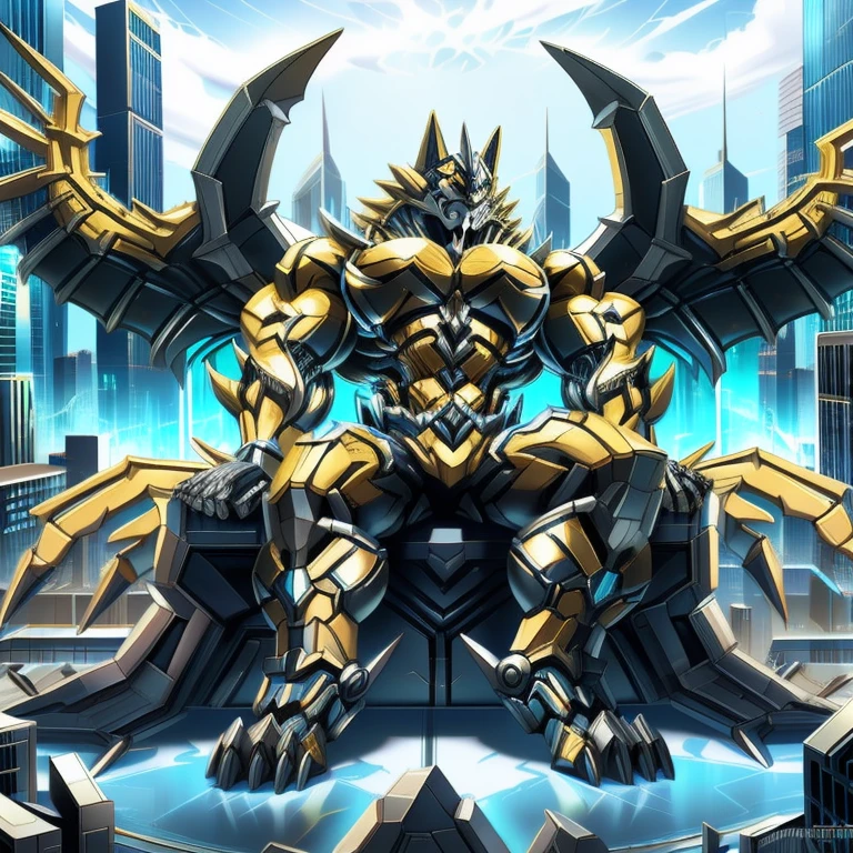 (ryekie, 8K), (ryekie's giant robot, Powered exoskeleton with the same design asryekie), (Masterpiece, highres) (Detailed head, Detailed Body, Detailed abs, full body) (gigantic muscles, Gigachad Muscular, big muscle, pecs, triceps, traps, unusually developed muscular body, body full of huge muscles. showing off muscles, pectorales enormes, Exaggeratedly huge muscles.) (nj5furry, The claws are sharp, Sharp teeth, sharp claws), (long legs), (Spread wings, It has wings, have big wings, golden wings), (It has wings, whole body shines like metal, Wearing cyberpunk mecha, emphasizes the muscles, suit fully made of metal, intricate armor, Robotic suit, suit fully made of metal, cyborg), menacing pose, sitting on the throne, An arrogant expression. destroying city.