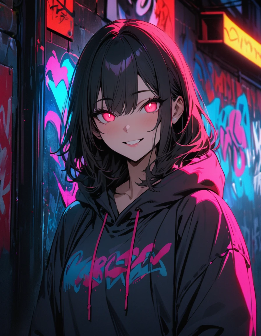 masterpiece, Best Quality, 8k, detailed background, masterpiece, Best Quality, smile,  t I ,  HOODIE, Portraiture, Neon Red, graffiti, dark, night, Shining Eyes,  Black Light, Chinatown