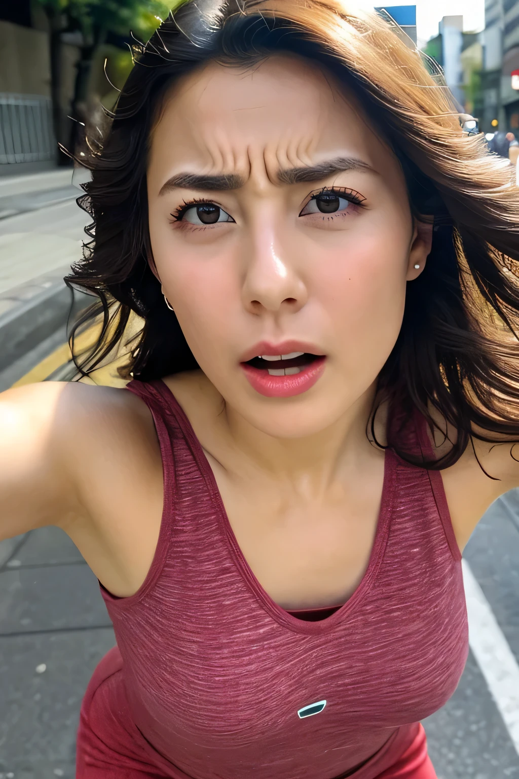   beautiful Japanese actress full of sexual desire , 1 girl,Flying debris,, Award-winning photo with both hands holding flops,   very detailed, Focus your eyes, Nose and mouth, face focus ,  Extremely Close Up of Faces 、 Age 35,Brown Hair、Symmetrical face,  Insulated 、   widen the angle from below 、Extended C-shaped nostrils ,(Sharp Nose)Sweaty skin、shiny skin,(Brow wrinkles))（Cum on tongue)、((Thin eyebrows)) oily skin 、  growing skin  、double eyelid、、Beautiful woman、 curly hair、  shortcuts 、 tank top ,I can see the sky 、 Shibuya Center Street 、(((  show your side,throw))),Raise your eyebrows, (((Hold your mouth, Frowning, Crazy, Frowning))),   wrinkled skin,Long upper arms,((Cry with your eyes open, , Drunk, The face of patience))Squat, big breasts at the temple,((Keep your arms up at all times、Show me your armpits))Long arms,Frowningをする,odor,  Exciting ,  sad, sleepy, Frowning, The face of durability((Frowning, Raise your eyebrows, frown))