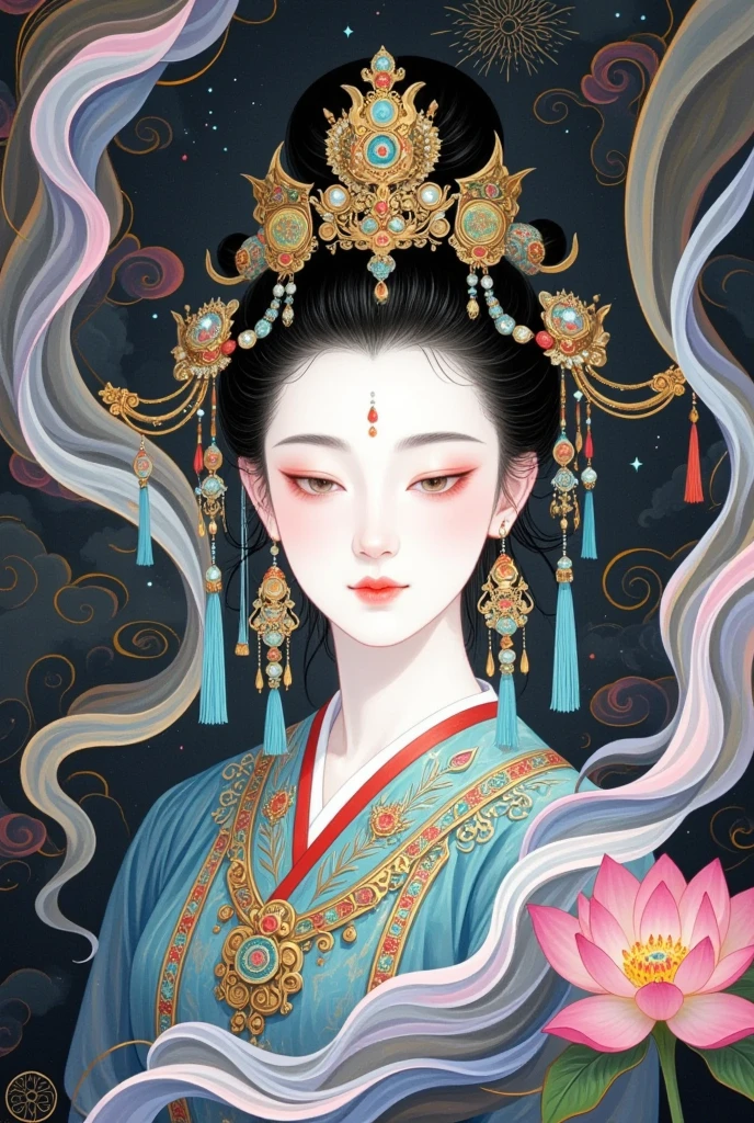 Chinese Fine Brushwork Painting，Ink，Rich and delicate lines，A painting：cloudfog包围着一个美丽的女佛的肖像, Chang&#39;e，Pearl phoenix crown，Buddha statues，Lady of Court， beautiful face，Zen，cloudfog缠绕，Clean high bun，Chinese ancient style，Female Bodhisattva，(((Star，cloud，fog:1.5)))，Chinese fairy，，Guanyin，Thangka painting，A beautiful digital illustration, Beautiful character painting,  Beautiful Digital Artwork , Chinese Fantasy, fine lines，Gold painted 
