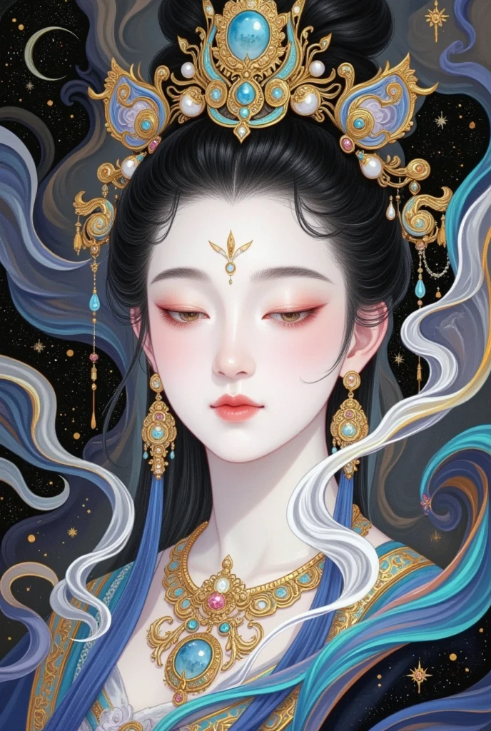 A beautiful portrait of a graceful female Buddha figure, Goddess Chang'e, wearing a pearl phoenix crown, surrounded by swirling mist and clouds, with a serene expression, delicate facial features, elegant updo hairstyle, elegant traditional Chinese goddess aesthetic, (((stars, clouds, mist:1.5))), digital art, intricate line work, gold detailing, fine art, chinese fantasy, cinematic lighting, photorealistic, 8k, high resolution, masterpiece