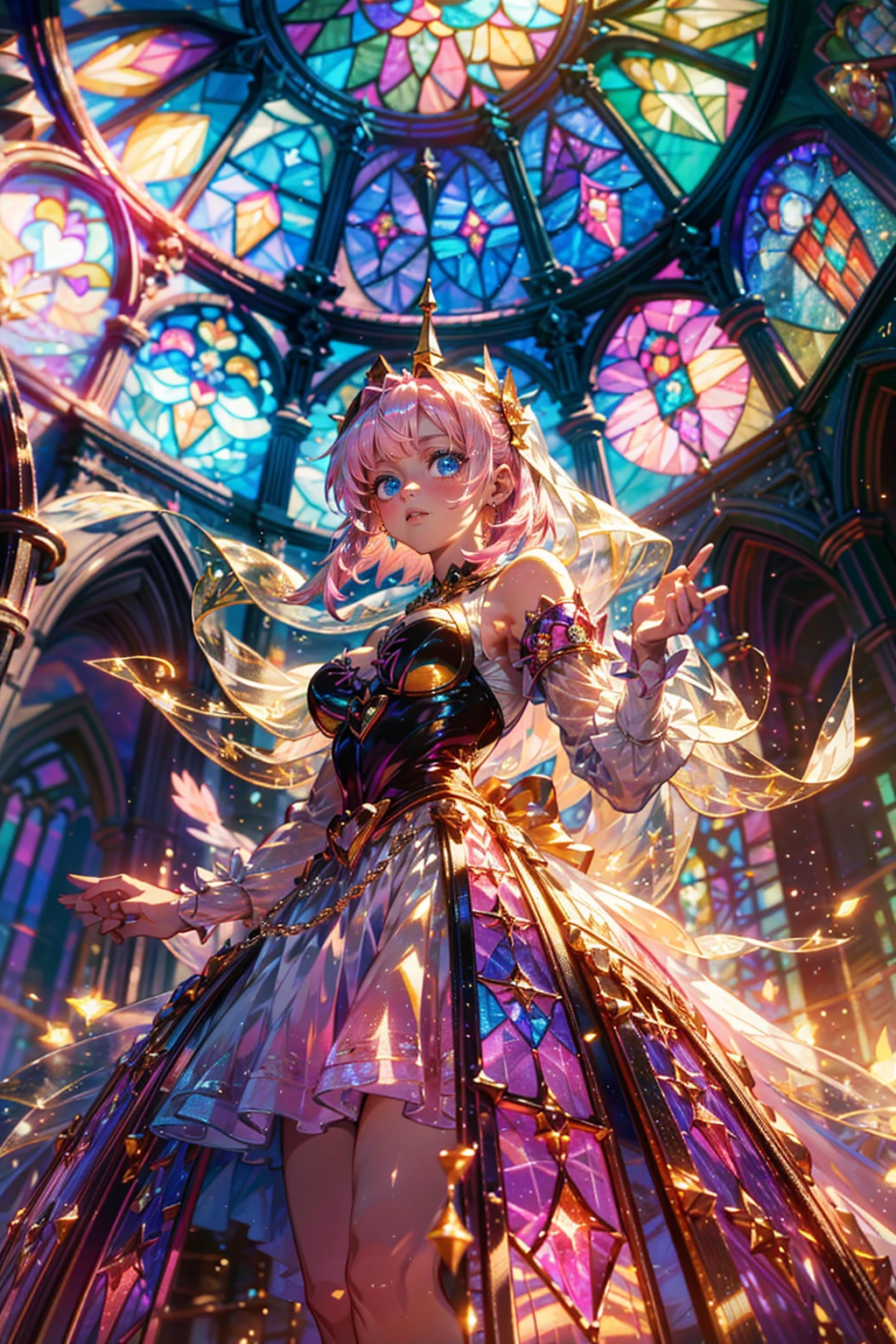 1girl,solo,(((pink short hair,blue eyes))),gigantic breast,cleavage, (Cathedral from below:1.28) (ZoomLayer) TopQuality 8K masterpiece of ((Professional photo)), (((Clarisse de Cagliostro))) (Detailed White WeddingDresses), Chain, (((Extremely detailed KAWAII face))) {((VeiledFace))|,(SparklingHighlights:1.28)}, The background is distant (((Elaborate stained glass))) Rainbow Glass, {(MysticSight)|EnchantingAtmosphere|Haze|(GodRays)|TyndallEffect}, Radiant PearlSkin with Transparency, (Exposed:0.39),jewelry,shining,