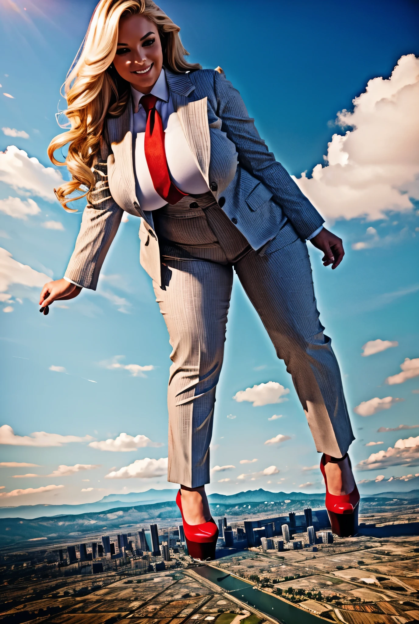 10 miles tall curvy bbw woman with a beautiful smile, bigger than a giant city, curvaceous figure, massive beast, and long wavy bright blonde hair, with a curvaceous figure and massive breasts. wearing the finest light grey pinstripe trouser suit and blazer, white colege shirt and large thick knotted red tie, and rounded platform high heels with uncovered feet, standing on top of a city facing the forwards in a rampage-like pose, with a cityscape background of mega-city, urban sprawl, and small towns, giant montains, partially obscured by a hazy, cloudy atmosphere. The image is a high-resolution, masterpiece-quality, cinematic, ultra-detailed, and hyper-photorealistic photograph, with perfect hands, face, and lighting. ultra-detailed, 8K, photo-realistic, hyper-realistic, masterpiece, intricate details, full body view. Looking at camera, The image is a high-resolution, masterpiece-quality, cinematic, ultra-detailed, and hyper-photorealistic photograph, with perfect hands, face, and lighting. ultra-detailed, 8K, photo-realistic, hyper-realistic, masterpiece, intricate details, full body view