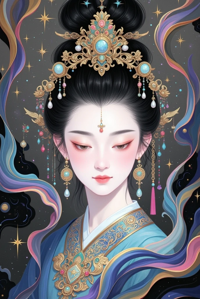 A beautiful portrait of a graceful female Buddha figure, Goddess Chang'e, wearing a pearl phoenix crown, surrounded by swirling mist and clouds, with a serene expression, delicate facial features, elegant updo hairstyle, elegant traditional Chinese goddess aesthetic, (((stars, clouds, mist:1.5))), digital art, intricate line work, gold detailing, fine art, chinese fantasy, cinematic lighting, photorealistic, 8k, high resolution, masterpiece