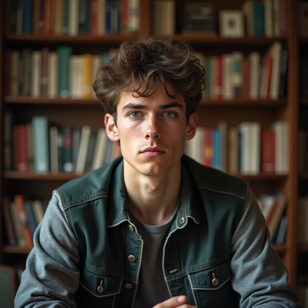 
Young boy of 17 years, greek god face, with strong green eyes and freckles, white. curly hair, little volume but short honey color, kissable lips in a gloomy library, thin, honey-colored eyebrows 