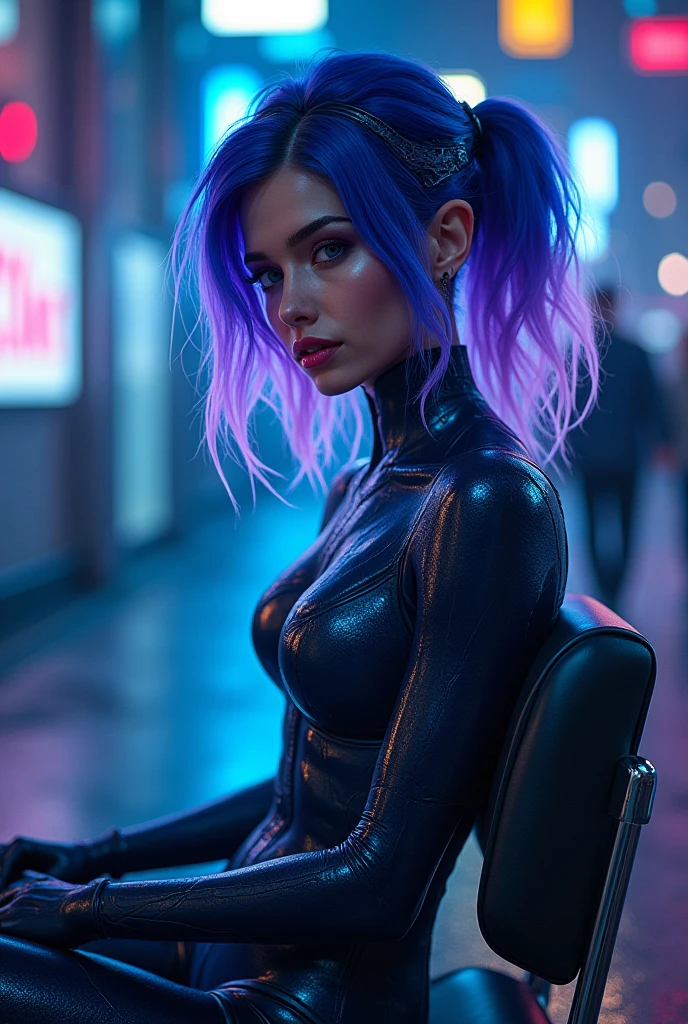 Jinx, Similar to the image of Halle Quinn. A dystopian world in the background, Photorealistic, 4K, Cyberpunk