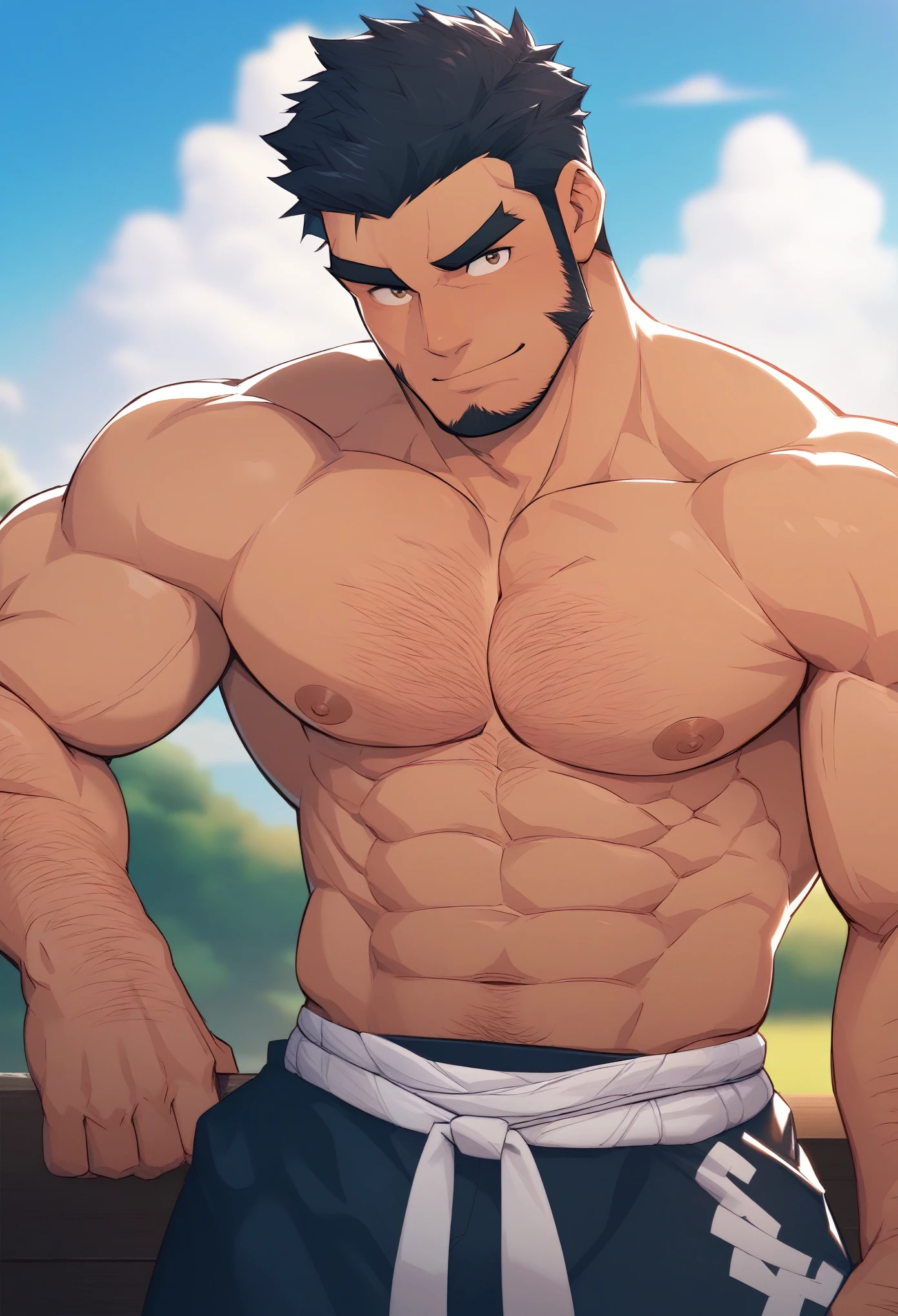 Masterpiece, Best Quality, Male, Muscular, Beefy, Black Hair, Japanese, Thick Eyebrows, Hairy, Chest Hair, Samurai, Topless