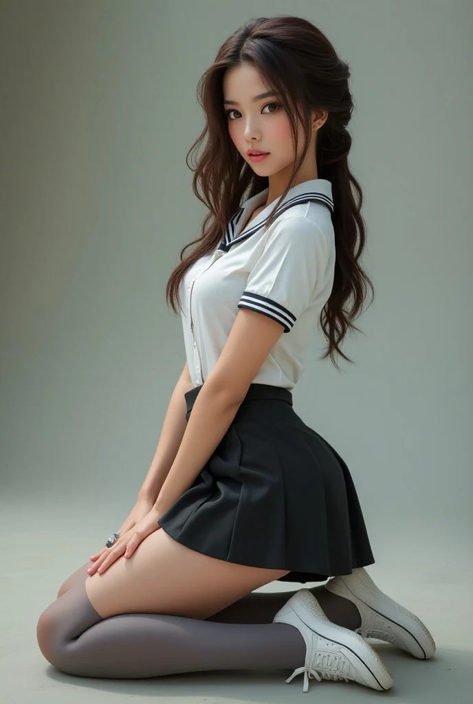 (Beautiful Japanese woman), (nsfw:1.4),High resolution, in 8K、RAWphotographgraphy、Highest quality、masterpiece、1 teenage girl, (flat chest like a boy:1.2), ((skinny body:1.2)), wavy hair, Anatomically Correct, high school uniform, show off her beautiful butt