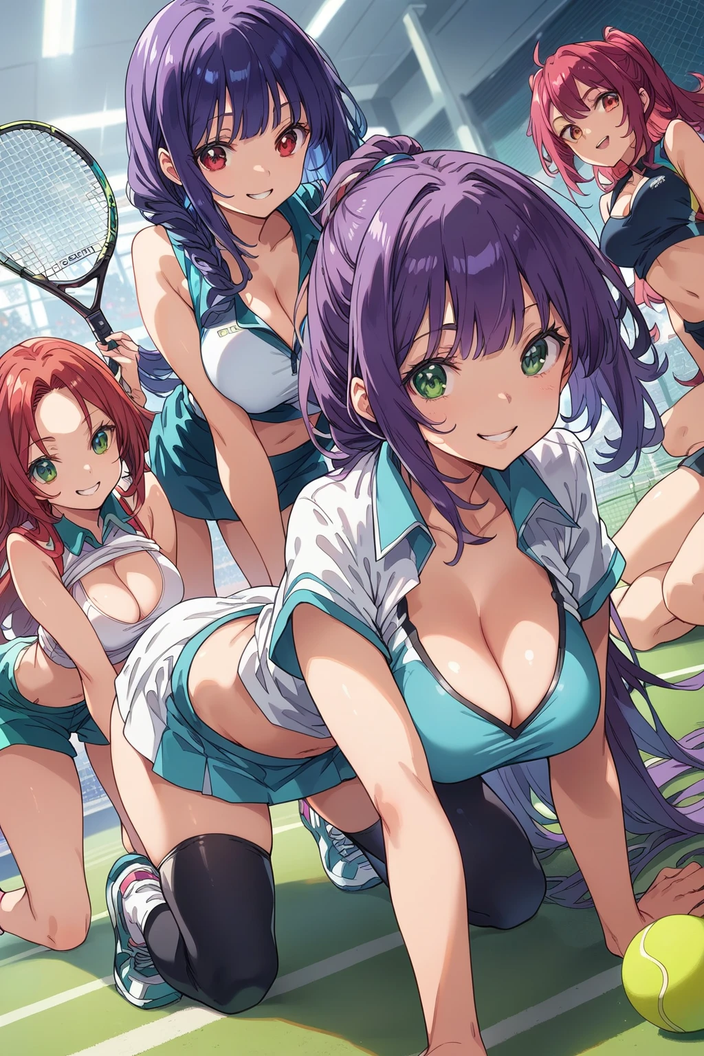 score_9, score_8_up, score_7_up, BRAKE best quality, masterpiece, cleavage, (dutch angle), smile, navel, black_over_thighhighs, black hair, , ((purple hair, red hair, blue hair,)), red eyes, green eyes, yellow eyes, blue eyes, 4 girls, large breast, ((on all fours:1.4)), cleavage, wear tennis uniform, in Tennis court, tennis ball,