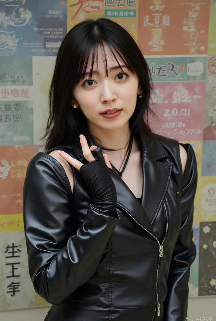   black leather jacket ,  background ,  background , Black leather gloves on the fingertips of both hands,、 Wearing a black leather chest harness ,  Japanese new product woman  (  Black leather gloves covering both hands  ) (The angle is horizontal)、  Black leather skinny pants  ,  Black leather skinny pants  ,  Black leather skinny pants  、Black long leather boots on both feet、 black hair short, wavy hair in front of the station, (( Wearing black leather gloves on both hands ))Full body image,   Full body shot full body leather suit  ,If you turn in this direction 、 Wearing a black leather chest harness ,、 Wearing a black leather chest harness ,、 Wearing a black leather chest harness ,、 Wearing a black leather chest harness ,、 Wearing a black leather chest harness ,、 Wearing a black leather chest harness , Standing full body photo , A very beautiful woman is looking at me ,  detailed writing,Female Best Image Quality、   super high resolution、(  realism:1.4)、Japanese beauty star、The most beautiful star、face、 sexy makeup 、 A body that makes you want to touch it 、Realistic Leather Texture  、 Clothes made of smooth leather fabric 、  Curved leather drape  、The costume has a strong shine、Quality of the costume、8K High Resolution