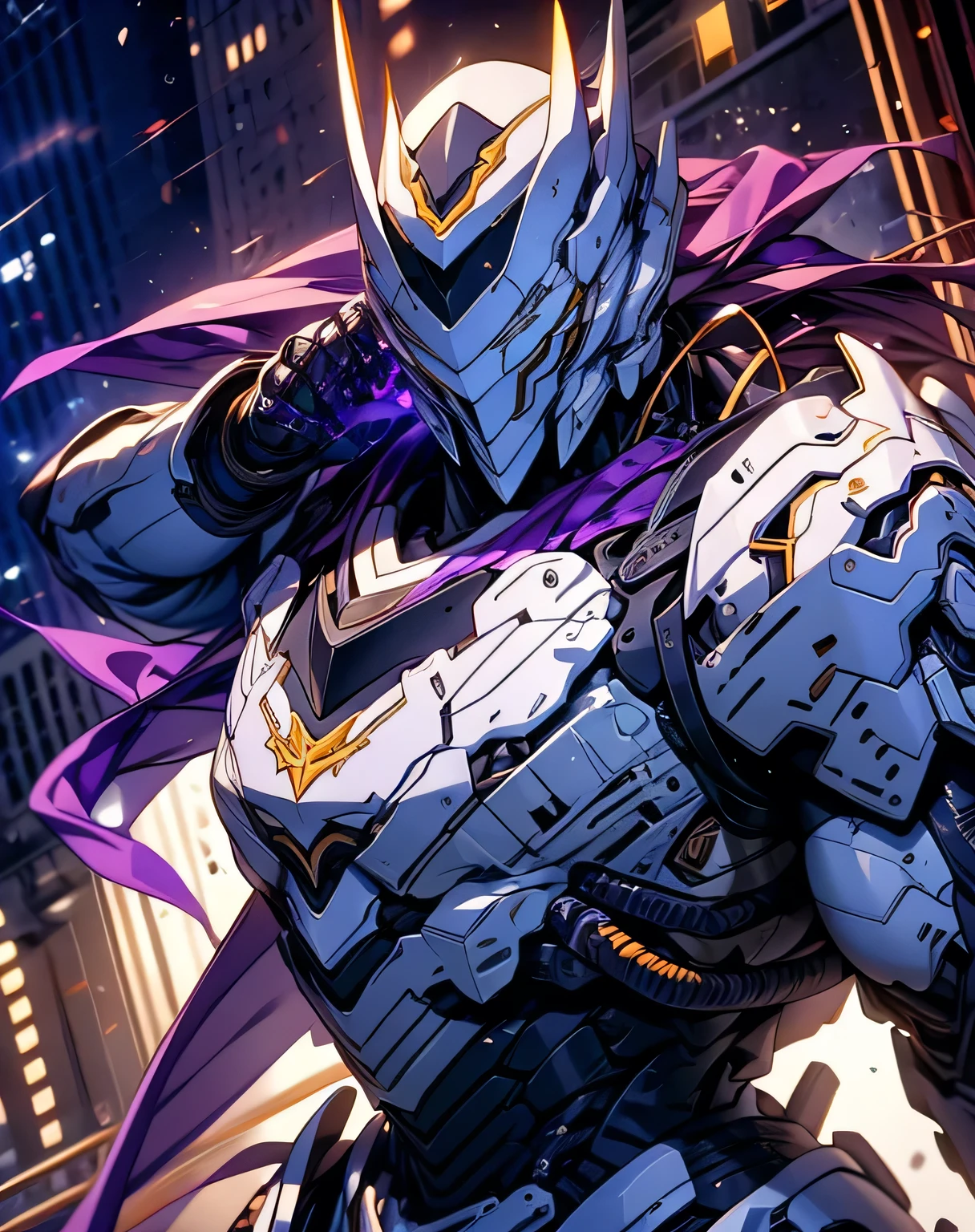  A man wearing shiny purple armor is acting violently in the city of buildings at night,  rendered in Unreal Engine 5 , Black Octane Rendering, Super detailed with octane rendering ,  rendered with 8K Unreal Engine ,  rendered with Unreal Engine 6 , Streamlined purple armor,  high detail iconic characters ,   8k octane rendering photorealistic ,  Unreal Engine 5 rendering ,  rendered with Unreal Engine 5 , Doing dynamic movements using the whole body , Alone, I'm wearing a cape that flutters in the wind, Manipulating a sword with telekinesis, (machanical_parts, robot_joints, headgear), ((Lightning is blazing from his body )), (The eye area is big), A sword that emits intense light , A man wearing armor floats in the air and cuts nine characters 