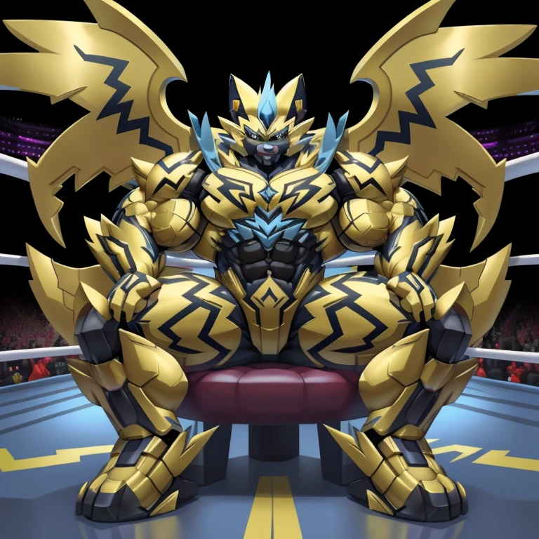 (ZERAORA, 8K), (Zeraora's giant robot, Powered exoskeleton with the same design as Zeraora), (Masterpiece, highres) (Detailed head, Detailed Body, Detailed abs, full body) (gigantic muscles, Gigachad Muscular, big muscle, pecs, triceps, traps, unusually developed muscular body, body full of huge muscles. showing off muscles, pectorales enormes, Exaggeratedly huge muscles.) (nj5furry, The claws are sharp, Sharp teeth, sharp claws), (long legs), (Spread wings, It has wings, have big wings, golden wings), (Wrestling, wrestler, the bodybuilding), (It has wings, whole body shines like metal, Wearing cyberpunk mecha, emphasizes the muscles, suit fully made of metal, intricate armor, Robotic suit, suit fully made of metal, cyborg), menacing pose, sitting on the throne, An arrogant expression. destroying city.