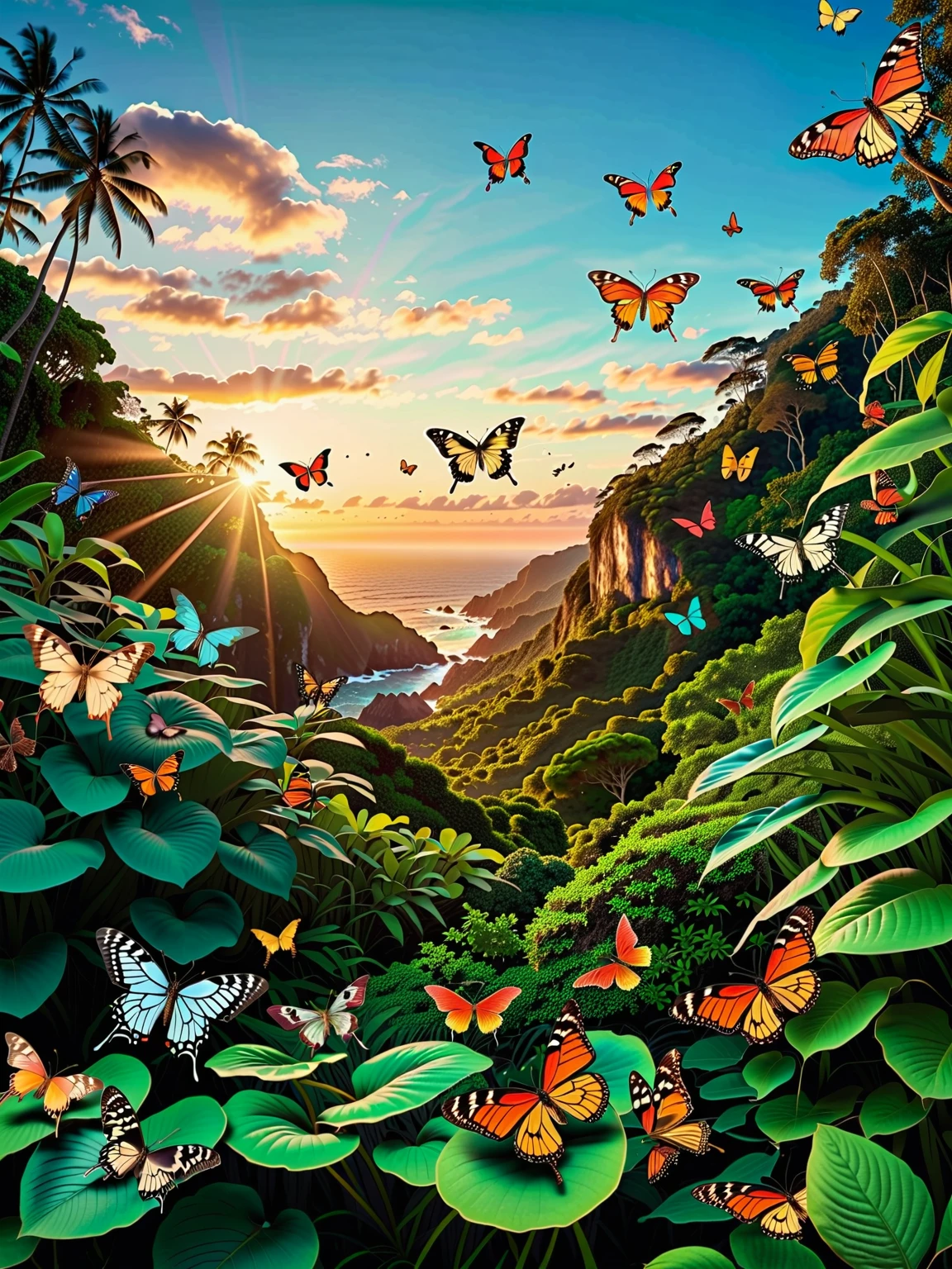 [Fantastic photo landscape, butterfly view], [1960s style, psychedelic, retro, vintage], [Swarm of butterflies filling the sky, countless butterflies crossing the sea], [Fantastic butterfly, wings with psychedelic colors and patterns, delicately drawn butterfly wings], [Sky above the jungle, tropical, dark green], [Ocean, horizon], [Sunset, summer, 1960s], [Real, photo, ultra-realistic, 4K, precise, ultra-detailed, realistic lighting, three-dimensional lighting, realistic shadows, masterpiece, beautiful work of art, ultra-fine digital painting, digital art]