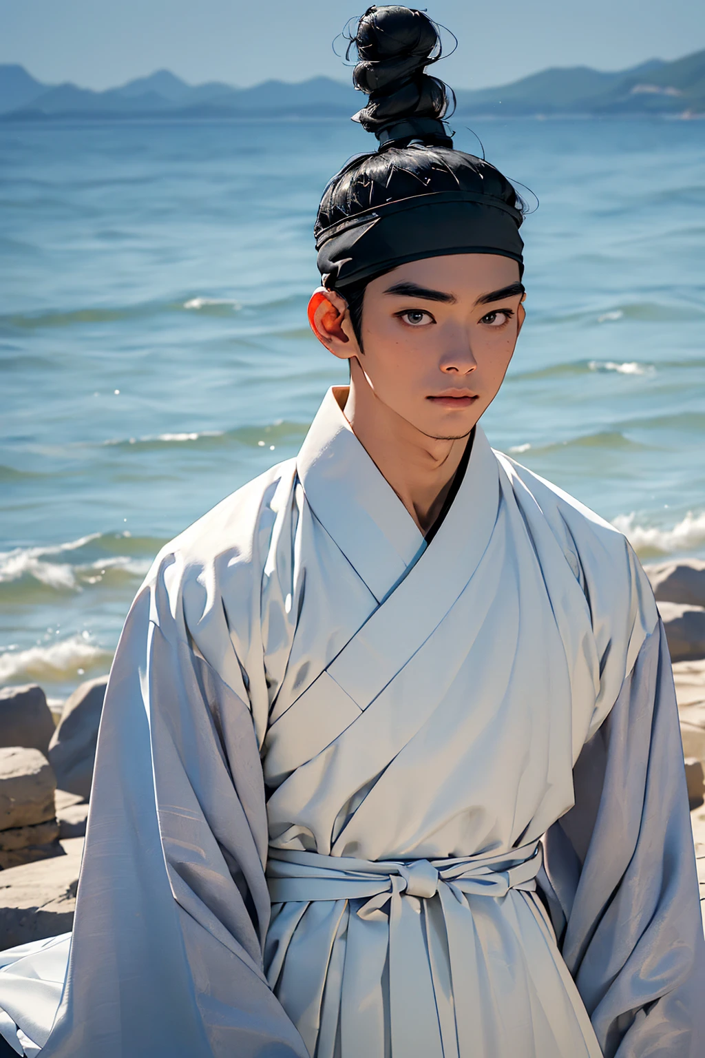 (absurdres, highres, masterpiece, best quality, ultra-realistic,ultra-detailed,(beautiful detailed face and eyes and hair:1.1),handsome,asian man,tall and muscular,broad shoulders,black hair,black eyes,datailed face,topknot,see-through headband,white hanbok,faint smile,upper body, sea background