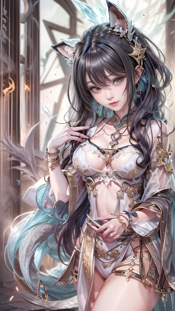 (photorealistic:1.4),Keep your eyes on the camera,Smile, ultra detailed, beautiful and aesthetic, masterpiece, best quality,lifelike rendering,Bokeh posture model, Unreal,(portrait of a cowboy shot:1), flamboyance, 1girl, see-through , upskirt,minghun, ( stochastic pose,stochastic action),tyndall effect, perfect lighting,detailed lighting,dramatic shadows, glowing, long hair, Around,hanfu, perfect ratio,hime cut,luxury, jewelry,ornate, bracelet, hairpin,embroidery,