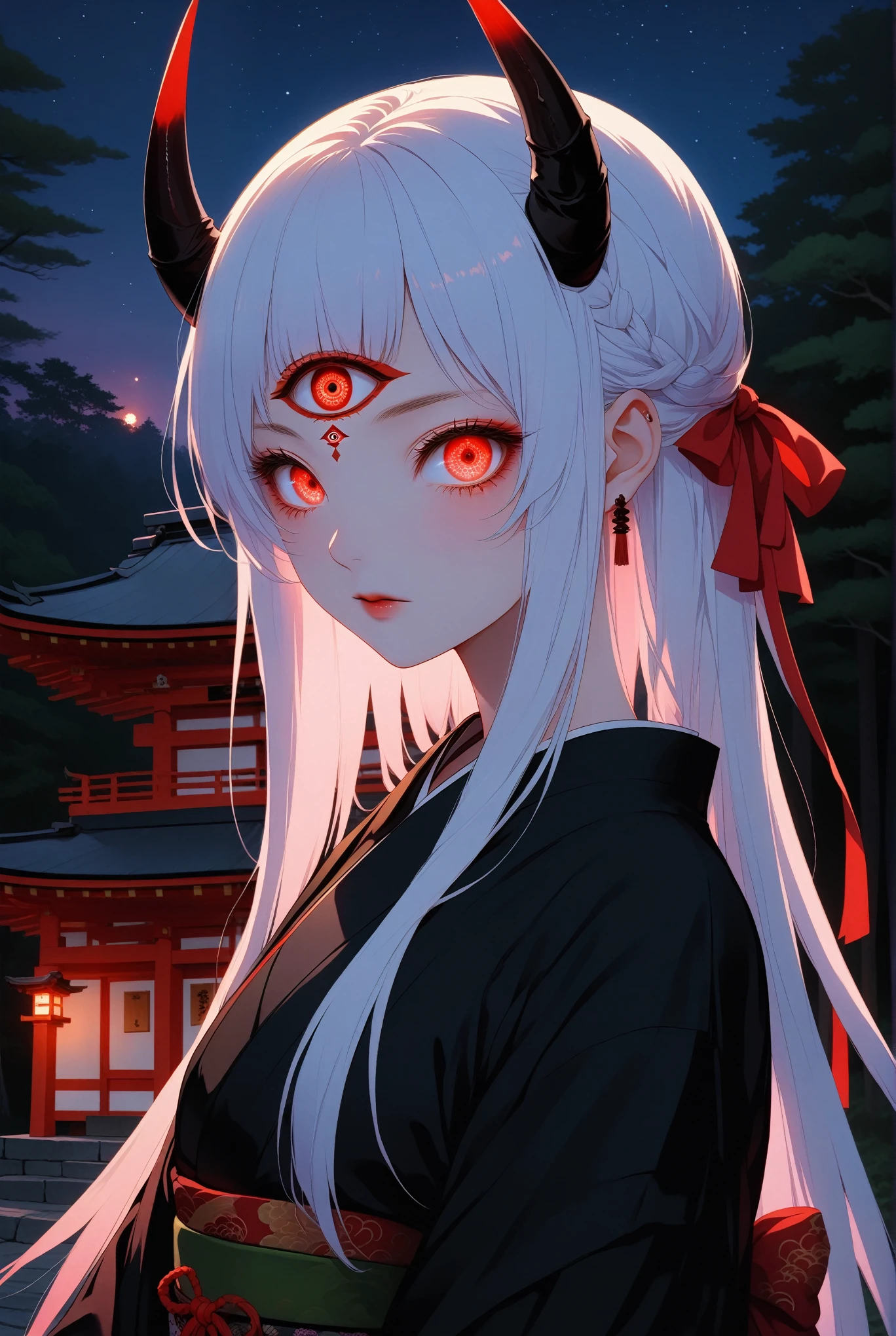 score_9, score_8_up, score_7_up, Japanese ONI-girl, (1girl, solo), 20years old, (upper body, portrait), (white long hair, hair ribbon, trimmed short bangs), black ONI horns, (red eye, third eye, glowing eyes), black Kimono, (looking at viewer, glare), (forest, Japanese shrine, night sky)