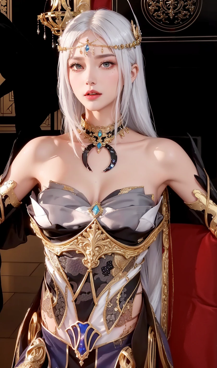 Genre: Ultra-realistic, high-definition fantasy portrait.
Character: A stunning female character with long, flowing white hair, wearing a sleek, black leather outfit with intricate gold accents. She has a captivating, serious expression, large, expressive eyes, and a glowing gemstone embedded in her forehead.
Accessories: Elegant, curved horns on her head, and delicate golden jewelry.
Environment: A richly detailed wooden room with soft, ambient lighting, plush furnishings, and an overall luxurious and mystical atmosphere.
Additional Elements: Subtle magical effects like glowing runes or floating particles to enhance the fantasy feel.