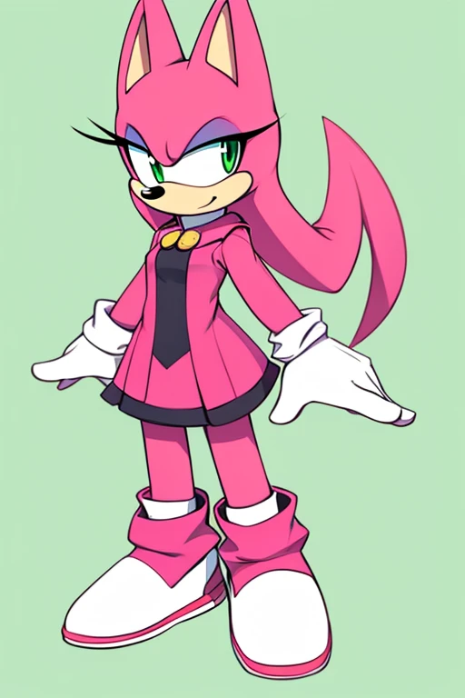 score_9, score_8_up, 2D, flat color, looking at viewer, (1girl), (solo), very detailed, extremely detailed, female, mobian, hedgehog, possible daughter of Amy and Shadow, Maria Rose from the sonic the hedgehog series, portrait, sound lines, makeup, light on the lipstick, quills curved up, long hair/quills, red stripes, 3 large hair bangs, side locks, hair over shoulders, medium breasts, pink fur, red eyes, pinkish tan muzzle and inner ears, fluffy white chest fur, red patches of fur around eyes, strapless white short jumpsuit with purple stripes on the side, purple tube top, long gloves, purple rocket boots with a white stripe down the middle, purple soles